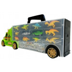 Kamión + kufrík s dinosaurami a autami - zelený
